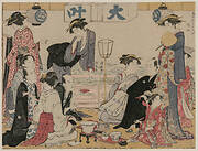 Entertainment on a Balcony by the Water at Nakasu, from the series, A Collection of Beautiful Modern Women of the Pleasure Quarters