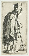 Beggar with a clenched hand, leaning on a stick