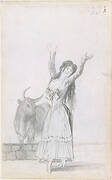 A young woman dancing, her arms raised, a bull in the background; folio 23 (recto) from the Madrid Album 'B'