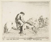 Plate 5: a barefoot peasant on horseback crossing a river, another peasant on horseback and leading a horse on a bank to right in the background, from 'Diversi capricci'