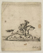 A horseman with sword in hand galloping towards the right, other horsemen galloping towards the left in the background, from 'Various cavalry exercises' (Diverses exercices de cavalerie)