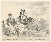 Plate 10: two horsemen descending a mountain at left, another horseman to right in background, from 'Diversi capricci'