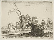 Plate 8: a seated horse to right, seen from behind and turned to the left, three other horses in middleground, a tree in center, from 'Various Figures' (Agréable diversité de figures)