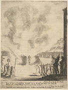 The test of fire, the monk Peter, the disciple Saint John Gualbert, passing through the flames from two pyres unharmed, various spectators to either side, from 'Frontispiece and four scenes from the life of Saint John Gualbert' (Frontispice et quatre vignettes pour une vie de Saint Jean Gualbert)