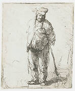 Ragged peasant with his hands behind him, holding a stick