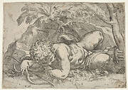 Sleeping Cupid whose outstretched right arm rests on his bow and whose quiver lies between his legs