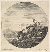 A shepherd at right, facing left, driving a group of animals downhill, a round composition, from 'Six animal subjects' (Six sujets d'animaux)