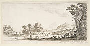 Plate 11: shepherdess seated to the right under a tree, watching her flock to the left, mountains to right in the background, from 'Various landscapes' (Divers paysages)