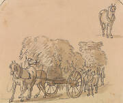 Two Laden Hay Carts With Horses