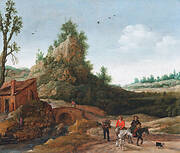 A landscape with travellers crossing a bridge before a small dwelling, horsemen in the foreground