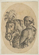 Black slave carries a leopard pelt and holds the bridle of a horse, from 'Several heads in the Persian style' (Plusieurs têtes coiffées à la persienne)