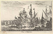 View of the Amsterdam seaport (Veue d'Amsterdam), men in rowboats work on a ship in center, other men stand on a dock to right, from 'Views of seaports' (Vues de ports de mar)