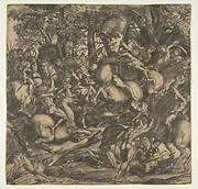 Group of naked men engaged in battle in a wooded landscape, some on horseback; a dog at lower left.