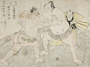 Wrestlers Kajigahama Rikiemon and Sekinoto Hachirōji, with the Umpire Kimura Shōnosuke