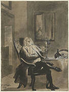 Seated Man Smoking a Pipe by Candlelight while Houses Outside Are Ablaze