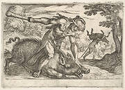 Hercules and the Boar of Erymanthus: Hercules holds down the boar's snout with his left hand and raises his club with his right hand, in the middle ground Hercules carries the boar on his shoulders, from the series 'The Labors of Hercules'