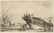 Two men sitting to right, one man is smoking, five men standing in center, the bow of a ship on shore to right, two other ships to left in the background, from 'Set of eight nautical landscapes' (Suite de huit Marines)