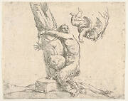 A winged putto flogging a satyr tied to a tree