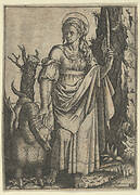 St Margaret holding a palm in her raised left hand, a dragon at her right