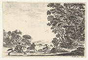 Plate 4: a deer hunt, two horsemen galloping towards the left behind three dogs and a deer, a group of trees to right, from 'Various Figures' (Agréable diversité de figures)