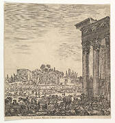 The columns of the Temple of Antoninus to right, a part of the Campo Vaccino in center and at left, along with various animals and figures, the Palatine ruins in the background, from 'Six large views, four of Rome, and two of the Roman countryside' (Six grandes vues, dont quatre de Rome et deux de la Campagne romaine)