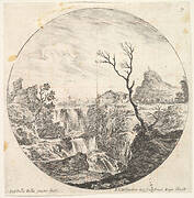 Plate 7: a triple waterfall, a dead tree to right, a mountain and a herd of cows to right in the background, a round composition, from 'Roman landscapes and ruins' (Paysages et ruines de Rome)