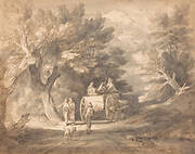 Wooded Landscape with Country Cart and Figures Walking down a Lane