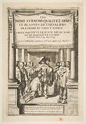 Frontispiece to Pierre d'Hozier's "Les noms surnoms qualitez armes et blasons des chevaliers de l'Ordre du Sainct Esprit" with Louis XIII dubbing a nobleman kneeling before him, in the presence of several other noblemen