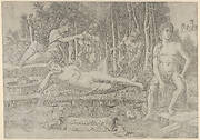 The metamorphosis of Amymone who lies at center leaning on her arm, surrounded by Apollo at left, Neptune at right and two satyrs