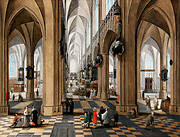 A church interior with elegant figures strolling and figures attending mass