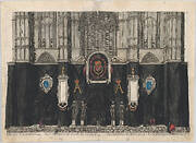 Plate 1: Figures gathered before a curtained wall, decorated with three armorials with the coat of arms and symbols celebrating Archduke Albert, four skeletons on pedestals at center, gothic facade in background; from 'Pompa Funebris ... Alberti Pii'