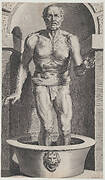 Seneca at the bath, standing in a niche with his feet in a basin