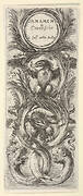 Two eagles with wings spread, below two leopard heads attached to tree trunks that form three circles, from 'Ornaments or Grotesques' (Ornamenti o Grottesche)