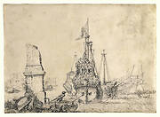 A ship in a port near a ruined obelisk