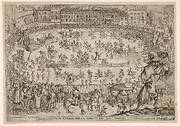 Joust held in Florence for the arrival of the archduke of Austria, an oval arena with many horsemen and pedestrians, spectators in carriages in the foreground, a row of houses at center in the background, from 'Combattimento e balletto a cavallo'