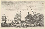 Another view of Amsterdam (Autre vue d'Amsterdam), a group of four men stand in center on a seashore, a boat being built to right, a rowboat on shore to left, two ships to left in the background, from 'Views of seaports' (Vues de ports de mar)