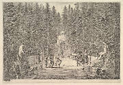 An avenue lined with statues in a pine forest, jets of water issuing from the ground, various figures in center, a small building in background center, from 'Views of the villa at Pratolino' (Vues de la villa de Pratolino)