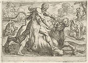 Hercules and  Achelous: at center Hercules grasps the horns of a bull while pressing his right foot onto its leg, at left Hercules wrestles a serpent, at right Hercules wrestles a male figure on the ground, from the series 'The Labors of Hercules'