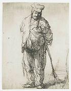 Ragged peasant with his hands behind him, holding a stick