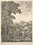 A shepherd on horseback in the middle of a stream, facing left, dogs, goats and cows follow to left and right, a large tree to left and mountains to right in the background, from 'Four large landscapes' (Quatre grands paysages en hauteur)