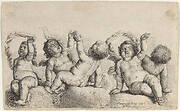 Three Cherubs and Two Boys Each Raising One Arm on Clouds