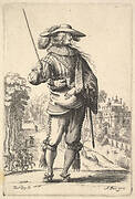 A gentleman with his head turned towards the right in profile, wearing a plumed hat and a cloak with the cross of the Order of the Holy Spirit, holding a whip in his right hand and his left arm in a sling,  'La Jardin de la Noblesse Françoise dans lequel ce peut ceuillir leur maniere de Vettements'