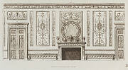 Interior design of wall with door, fireplace, panels and benches (in "Designs for Various Ornaments," pl. 52)