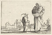 Plate 7: a peasant woman carrying a child to right, speaking to another child standing facing right in center, a castle to left in the background, from 'Caprice faict par de la Bella'