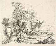 Woman and infant satyr in a landscape, the woman twisting to look over her left shoulder, a horned goat striding toward the background, from the series 'The Capricci'