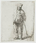 Ragged peasant with his hands behind him, holding a stick