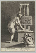 Pictura: allegory of painting, with a nude woman at center grinding pigments, two putti drawing at lower right