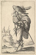 A gentleman, walking towards the left and drawing his sword from the sheath, wearing a plumed hat and boots with spurs