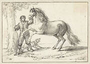 Young Man Holding a Rearing Horse by its Bridle, Frightened by a Barking Dog