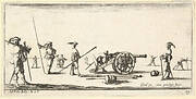 Plate 10: a soldier charging a cannon in center, other soldiers with picks standing at left and right, from 'Troops, cannons, and attacks on towns' (Dessins de quelques conduites de troupes, canons, et ataques de villes)